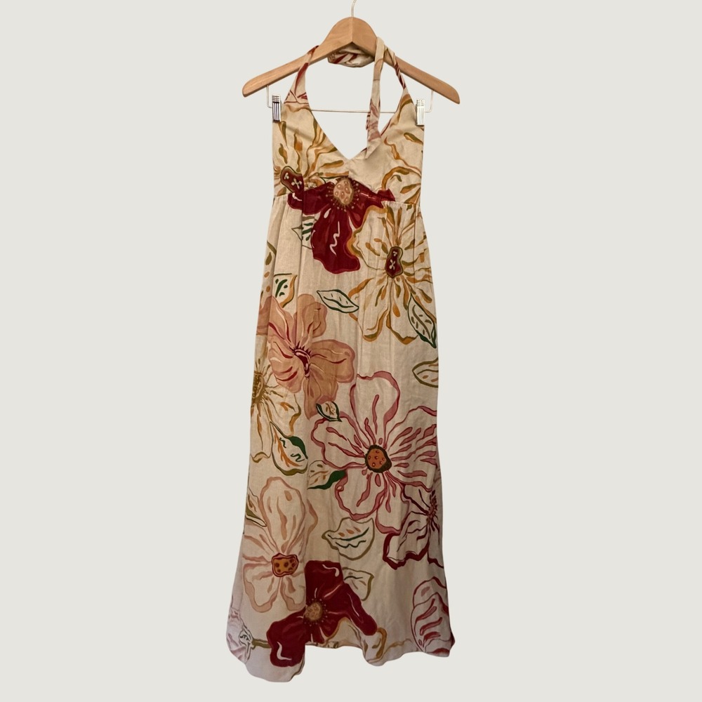 Old Navy Halter Maxi Dress Womens Small Beige Floral Linen Blend Excellent Boho